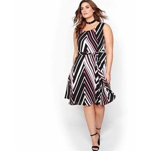 MICHEL STUDIO Chevron Striped Fit & Flare Sleeveless Dress Tie Waist Black White